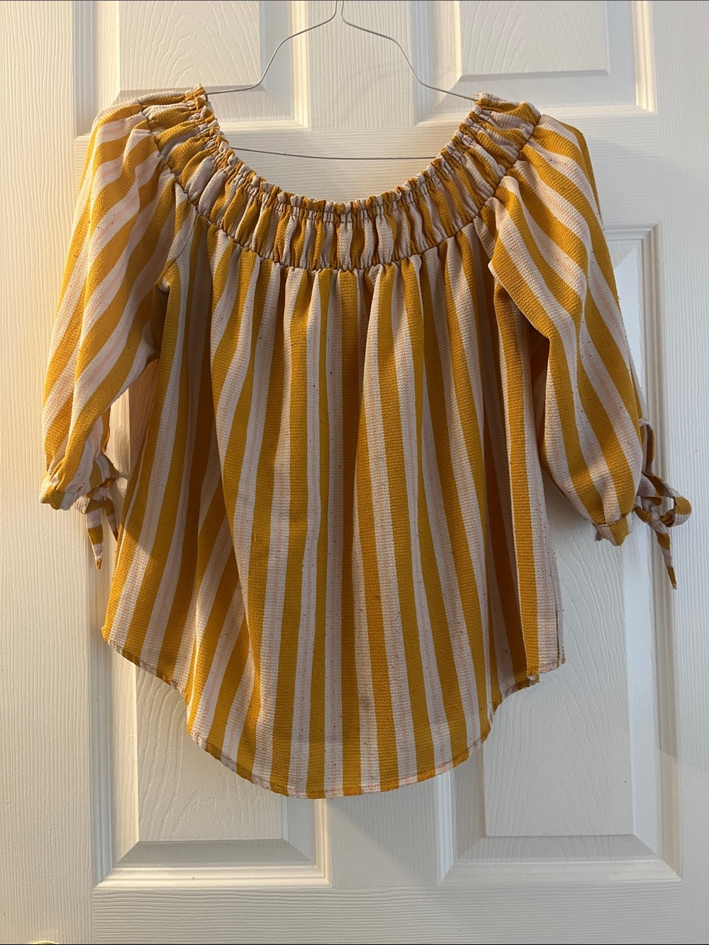 Yellow, White, and Pink Mid Sleeve Off the Shoulder Top